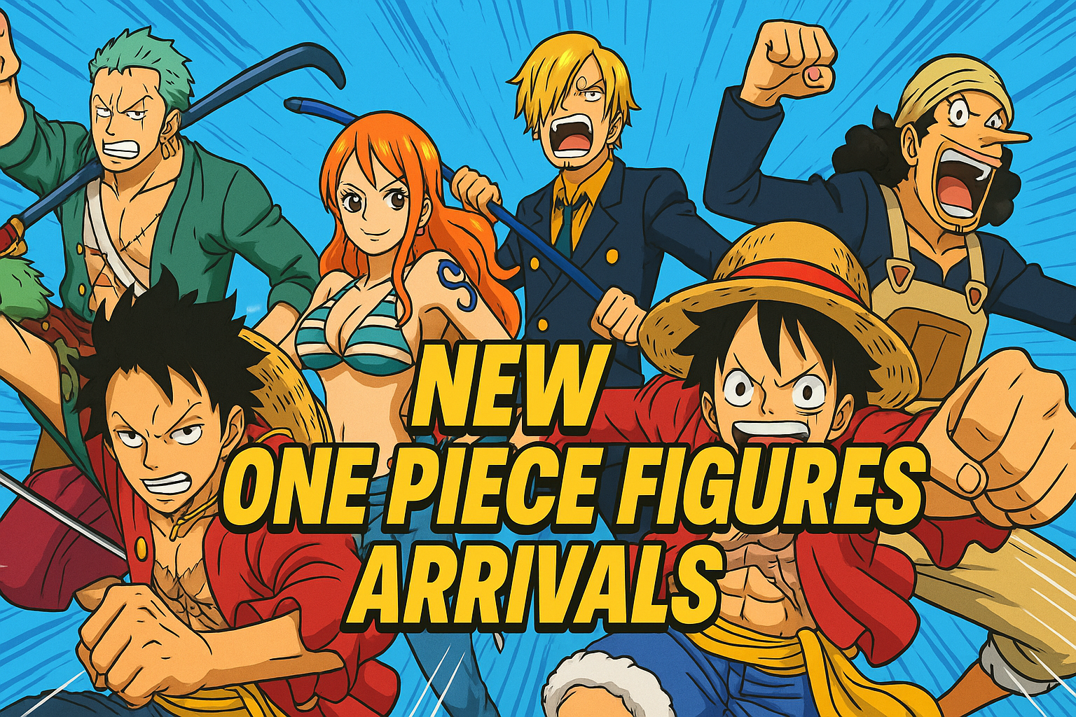 One Piece Action Figures New Arrivals banner in anime style