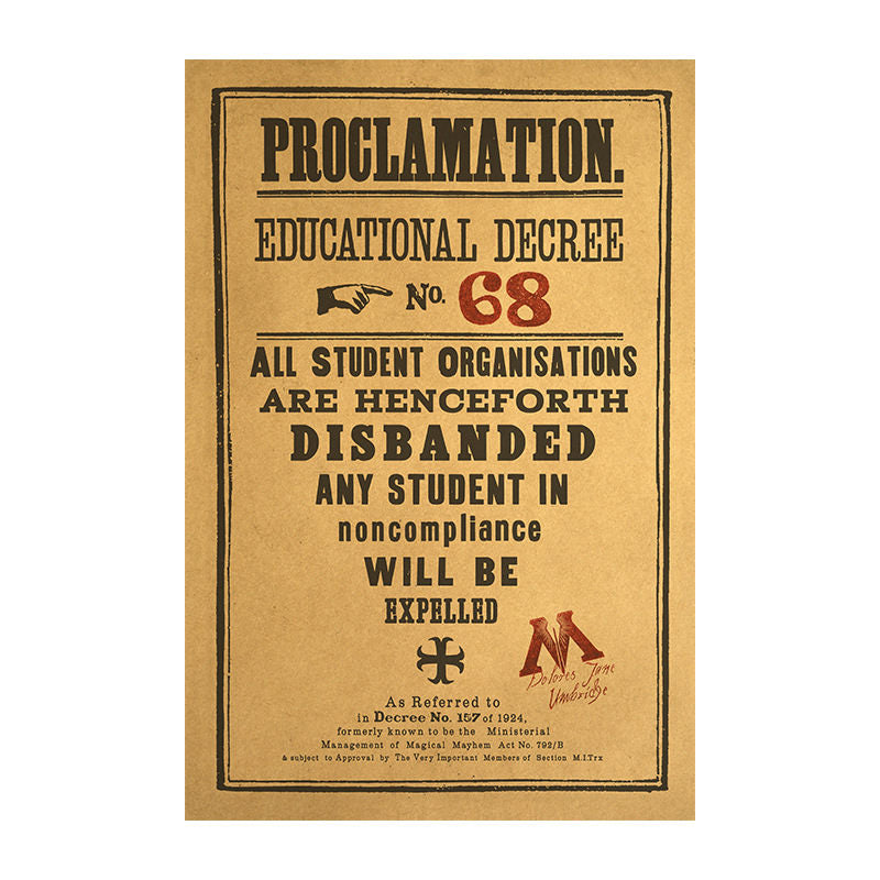 პროკლამაცია დოლორეს ამბრიჯი ჰოგვორტსის დირექტორი მაგიის სამინისტრო სევერუს სნეიპი ალბუს დამბლდორი ჰარი პოტერის ნივთები აქსესუარები საჩუქრები