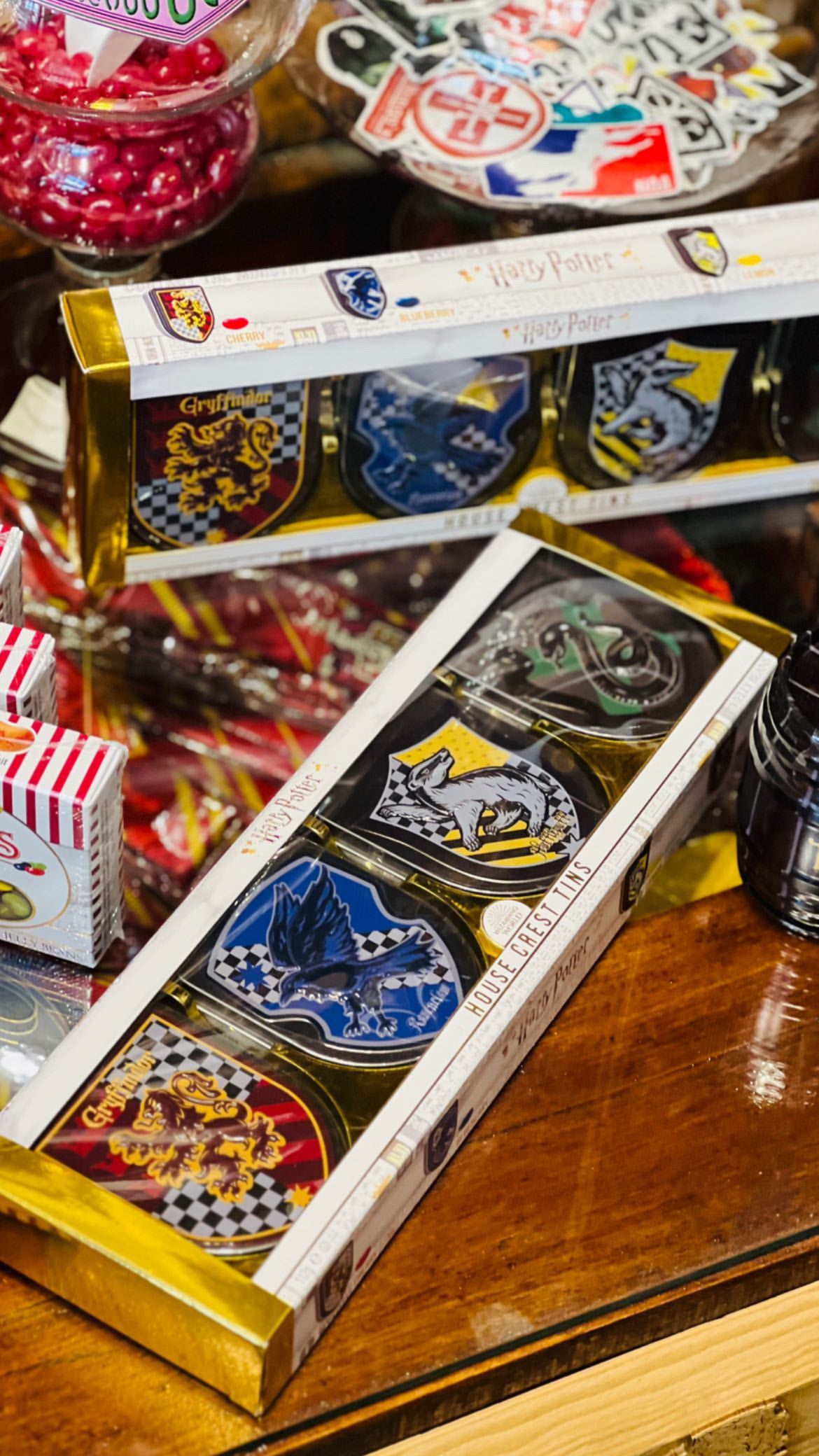 A set of Harry Potter candies in tin cans